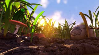 Imagine being tiny in a back garden and looking up at the blades of grass and a huge baseball and the sun coming through. That's what you see here.