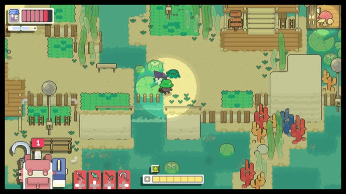 Concord wanders across a beach in Garden Story