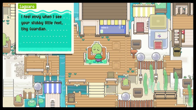 Concord chats with a fellow fruit villager in Garden Story