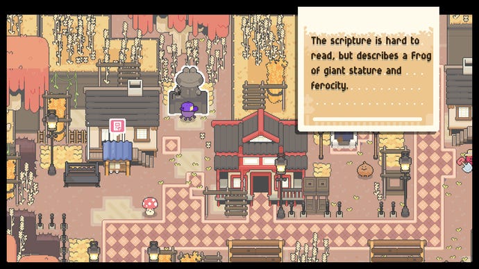 Concord reads a sign in front of a large stone frog statue in Garden Story