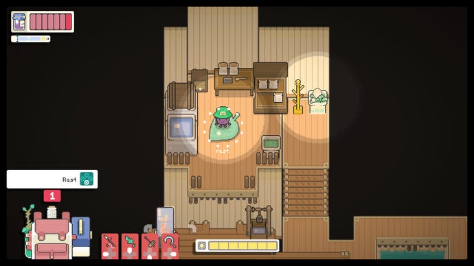 Concord rests on a big leaf bed in a town in Garden Story