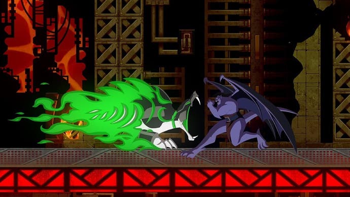 A screen from Gargoyles Remastered showing protagonist Goliath battling an enemy against a gloomy, industrial backdrop, all rendered in a new art style intended to resemble the original cartoon.