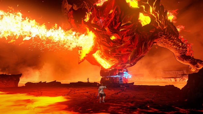 A dragon spews fire in a volcanic arena from Granblue Fantasy: Relink.