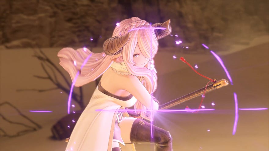 A girl with horns is about to unsheathe a samurai sword in Granblue Fantasy: Relink.