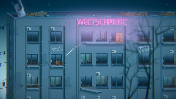 A space man plays a game of golf across a set of abandoned apartment balconies in Golf Club Wasteland