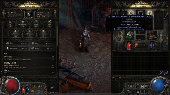 A character sheet and inventory menu for the Witch in Path of Exile 2, showing how her Magic gloves - the Glimmering Sombre Gloves of Rejuvenation - empower her Energy Shield.