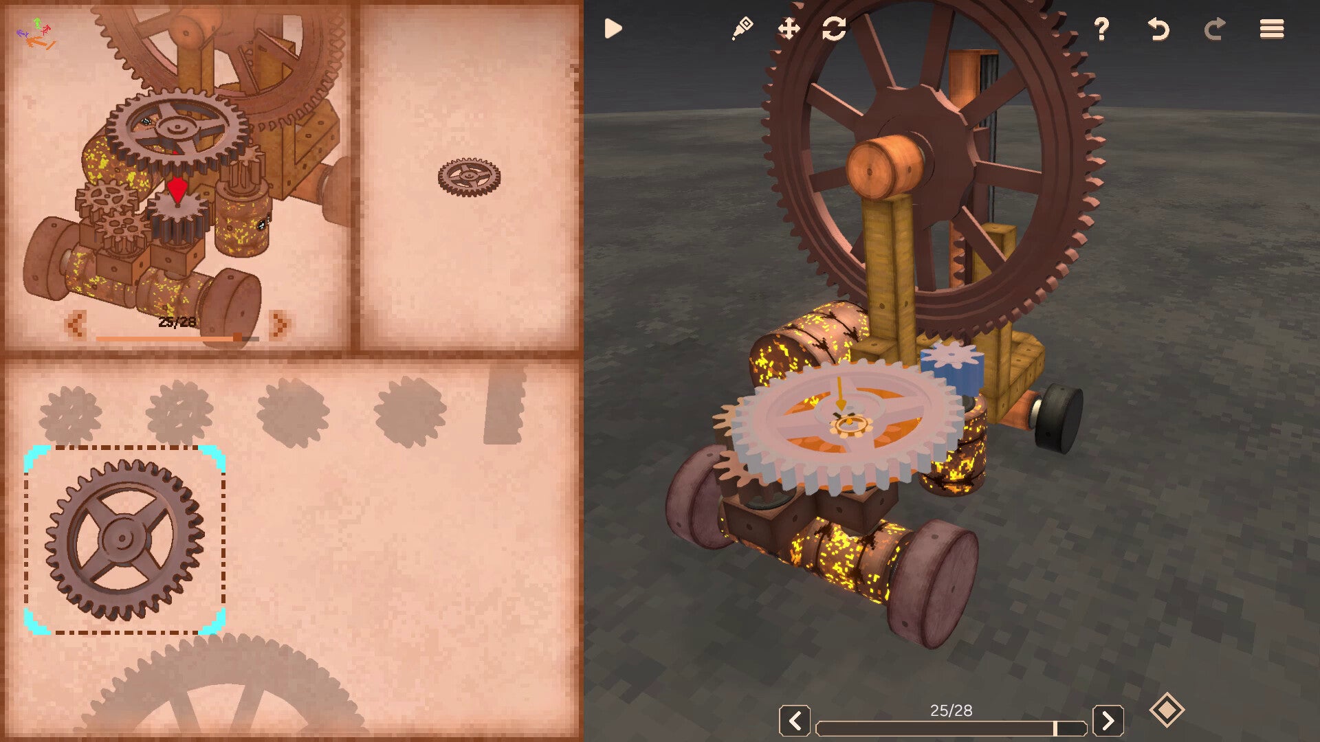 Geareo is an extremely pleasing clockwork building game featuring pull-out model kits with flippable paper manuals