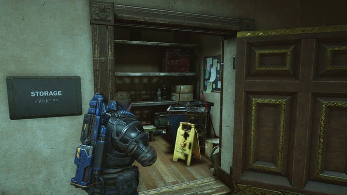 JD Fenix stood outside the storage room in Gears 5’s theatre