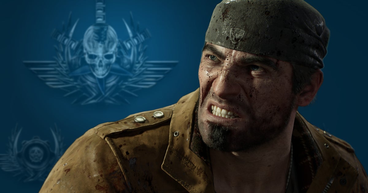 Marcus Fenix as he appears in Gears of War: E-Day, with difficulty emblems behind him