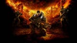 Artwork showing Gears of War protagonist Marcus Fenix crouched with a gun in his hand while a fiery explosion fills the background.
