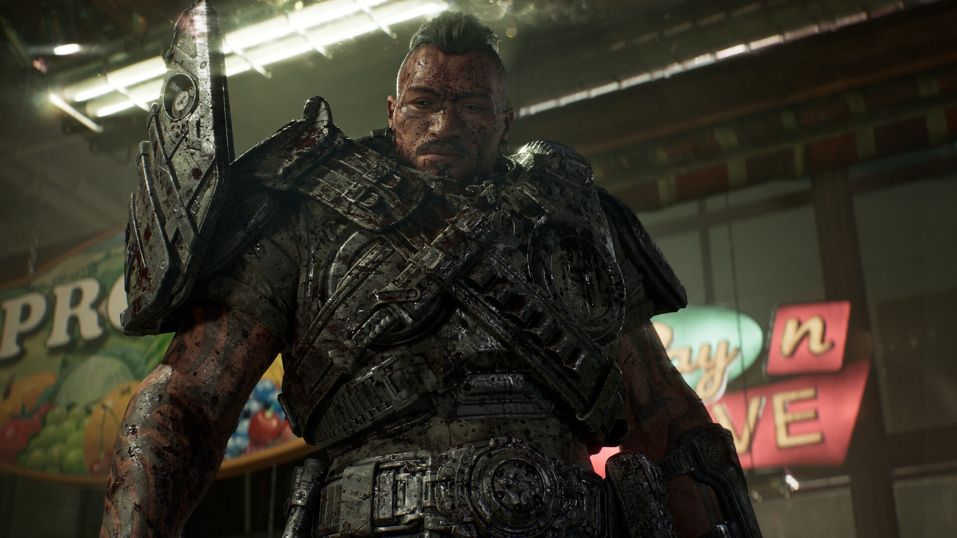 Screenshot from Gears of War E-Day showing a dirt covered male with large muscles