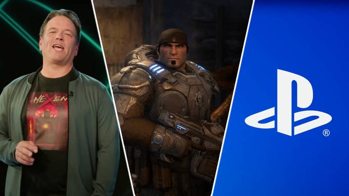 Xbox’s Phil Spencer and a PlayStation either side of Marcus Fenix in Gears of War: Reloaded.