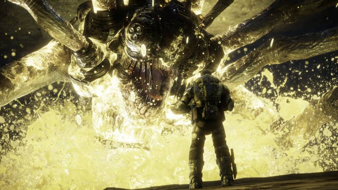 A gears man stands stalwart against a screaming pee pee monster in Gears Of War: Reloaded.