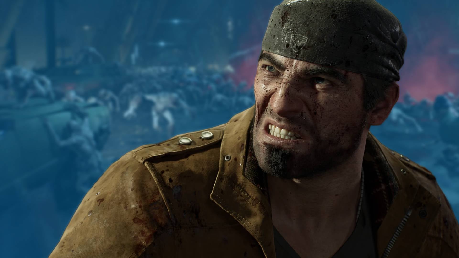 Marcus Fenix as he appears in Gears of War: E-Day, against a blue background.