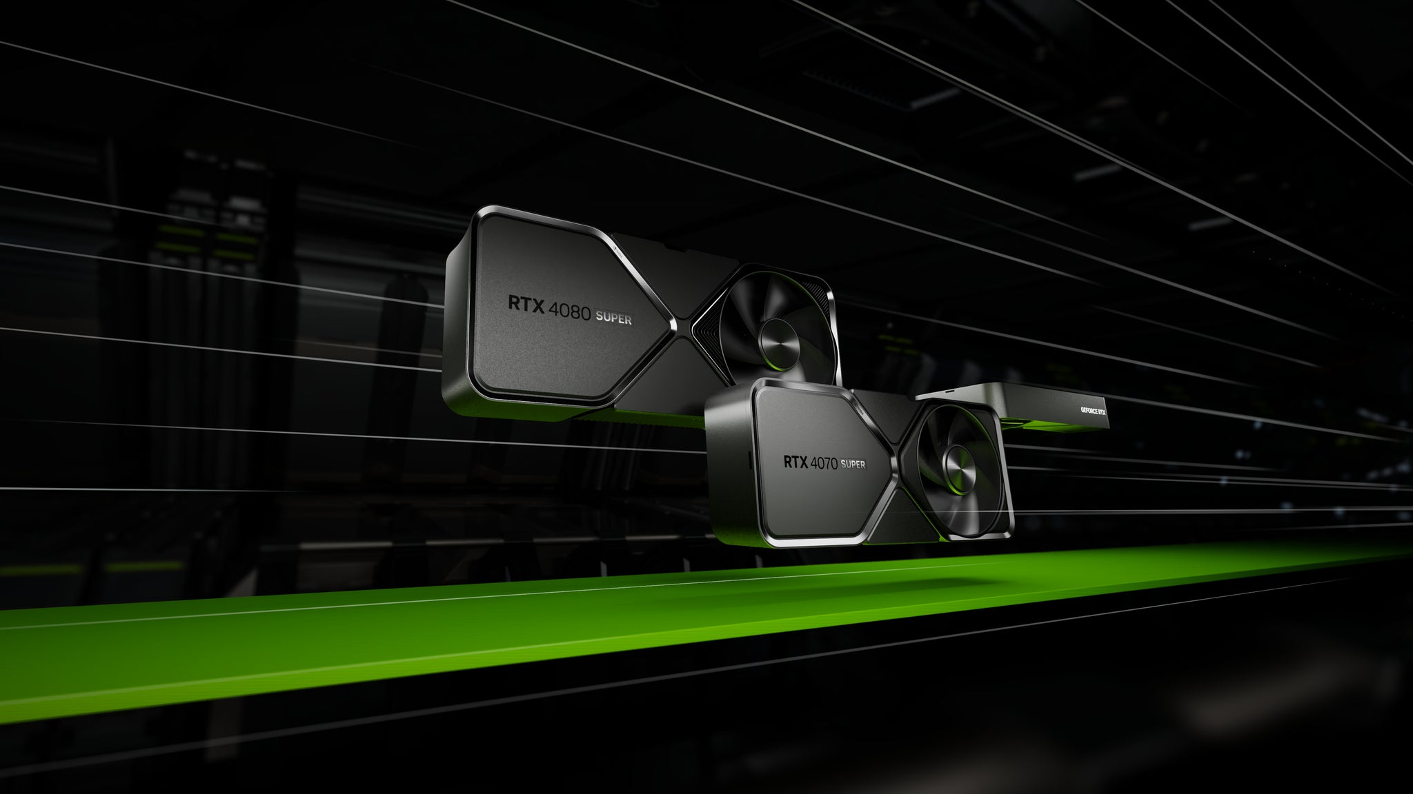 Photography of the Geforce 40 Super Series Family on a green and black background. - 3