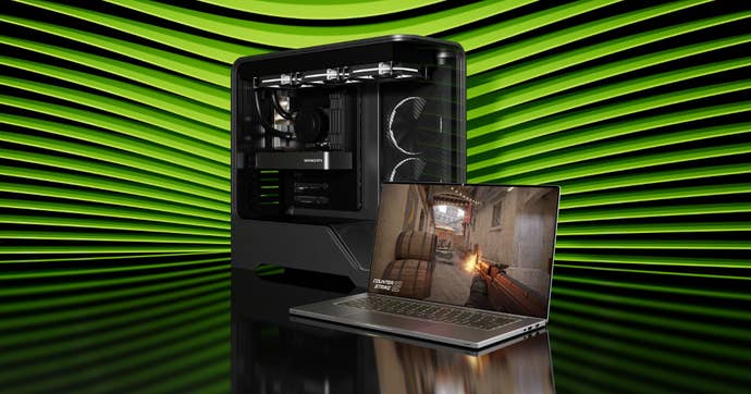 A render of a desktop PC and a gaming laptop, each moving their respective mentation of the GeForce RTX 5050.