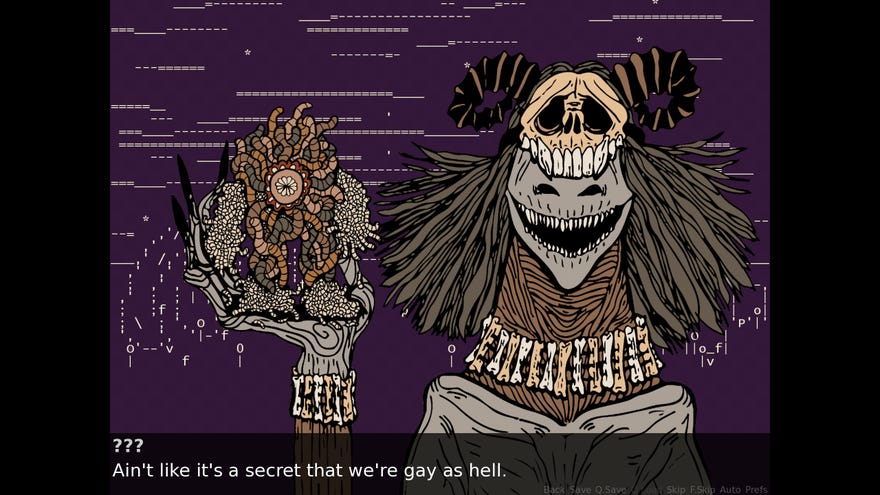 A screenshot from Genderwrecked showing a monster who’s wearing a skull atop her head and holding up her girlfriend, a ball of maggots saying ‘Ain’t like it’s a secret that we’re gay as hell’.