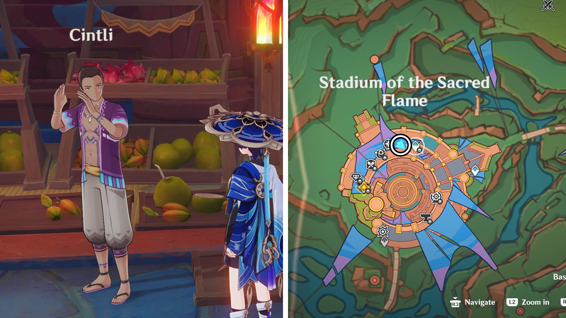 Genshin Impact screenshot showing an NPC and part of the map of Natlan