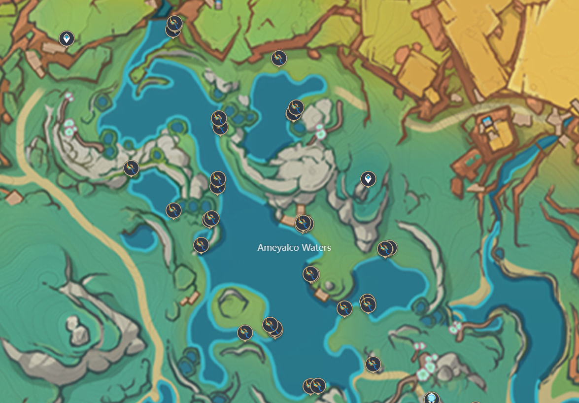 Genshin Impact map screenshot showing the Ameyalco Waters region