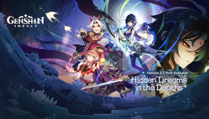 A promotional image for Genshin Impact’s version 2.7, featuring characters Xiao, Yelan, Itto, Yanfei, and Kuki Shinobu.