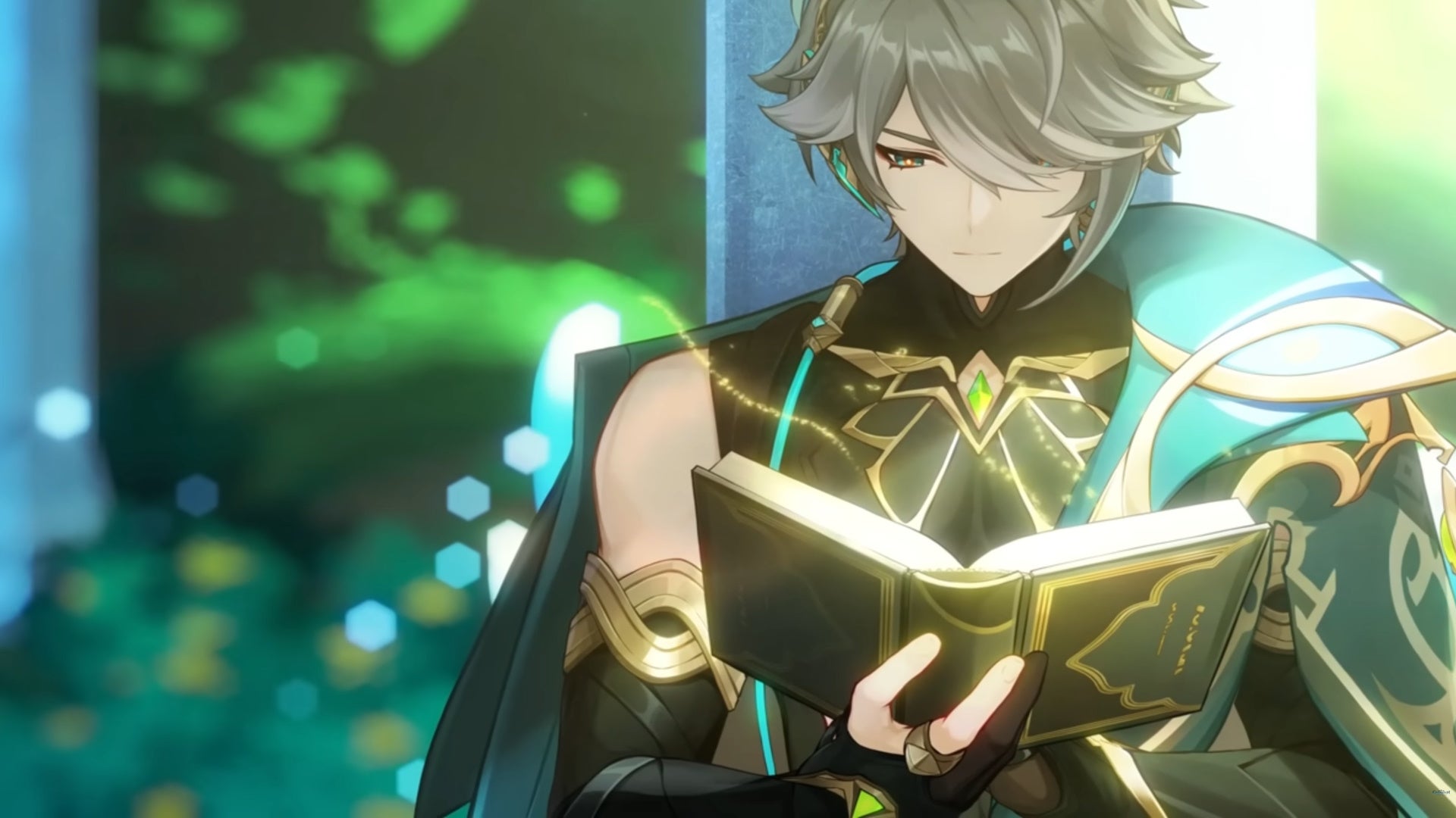 Genshin Impact Alhaitham build: An anime man with short silver hair, wearing a black tunic with a green cape, is holding a book and wearing a thoughtful expression. The book&rsquo;s pages glow faintly