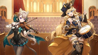 Two Genshin Impact anime characters playing violin and drums to advertise the game's concert tour
