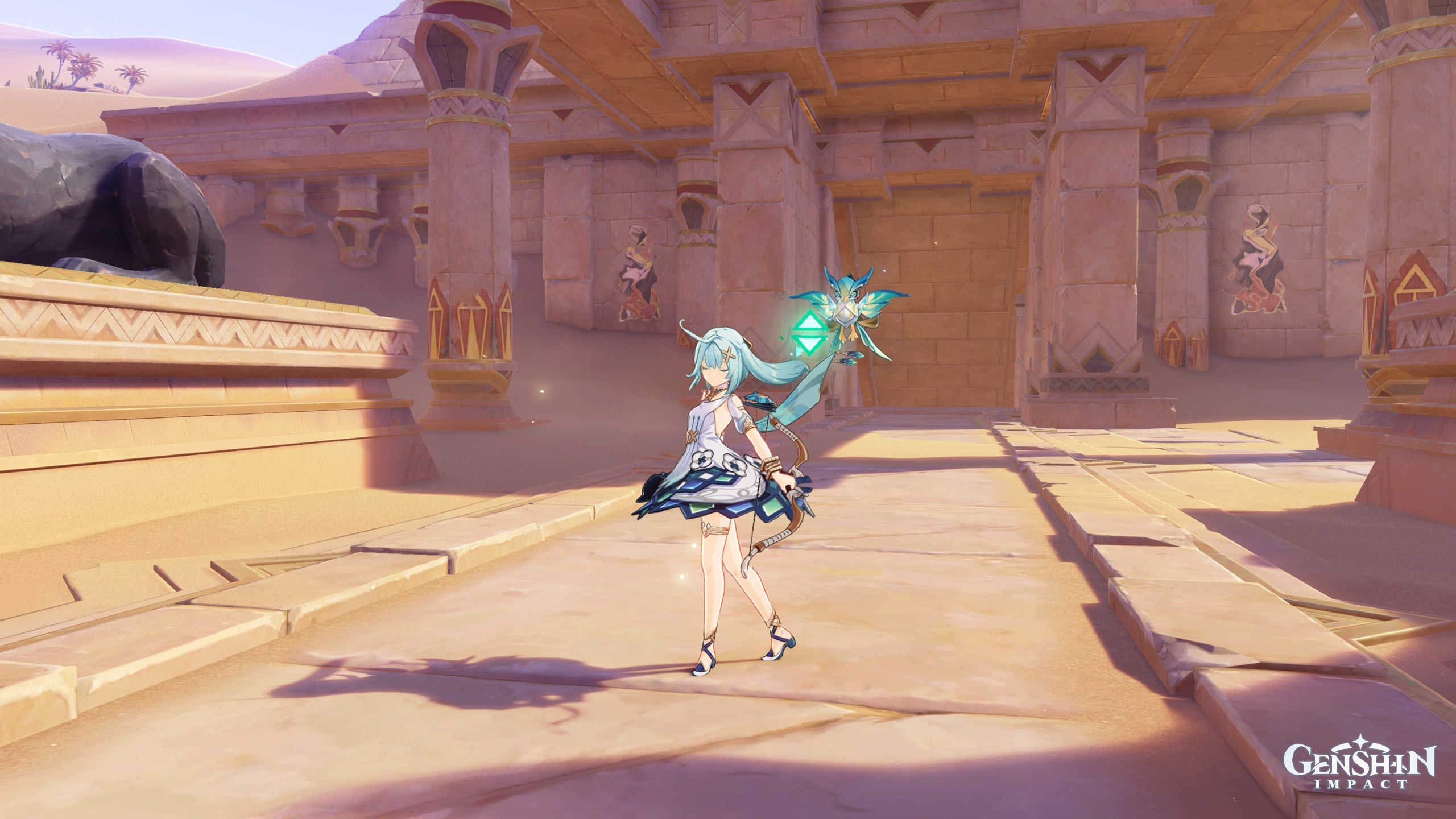 Genshin Impact Faruzan materials: An anime girl with seafoam-colored hair stands between two large jackal statues, in front of a towering beige stone temple.