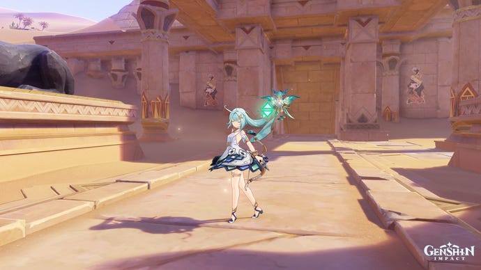 Genshin Impact Faruzan materials: An anime girl with seafoam-colored hair stands between two large jackal statues, in front of a towering beige stone temple.