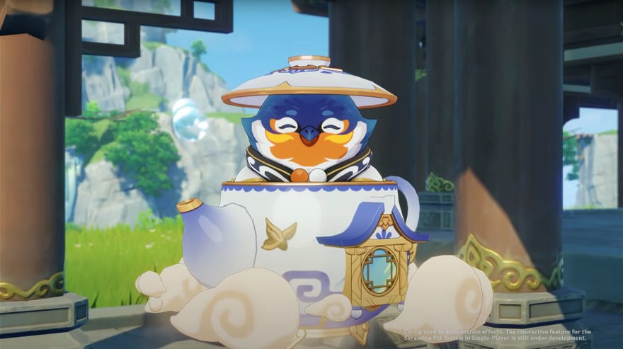 A screenshot of Genshin Impact showing Tubby the teapot spirit, popping out the top of a large, floating teapot with the teapot’s lid on his head like a hat.