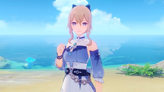 Genshin Impact - Jean’s new summer character outfit added in update 1.6. She wears a casual blue dress with a high collar and belt with a hair bow.