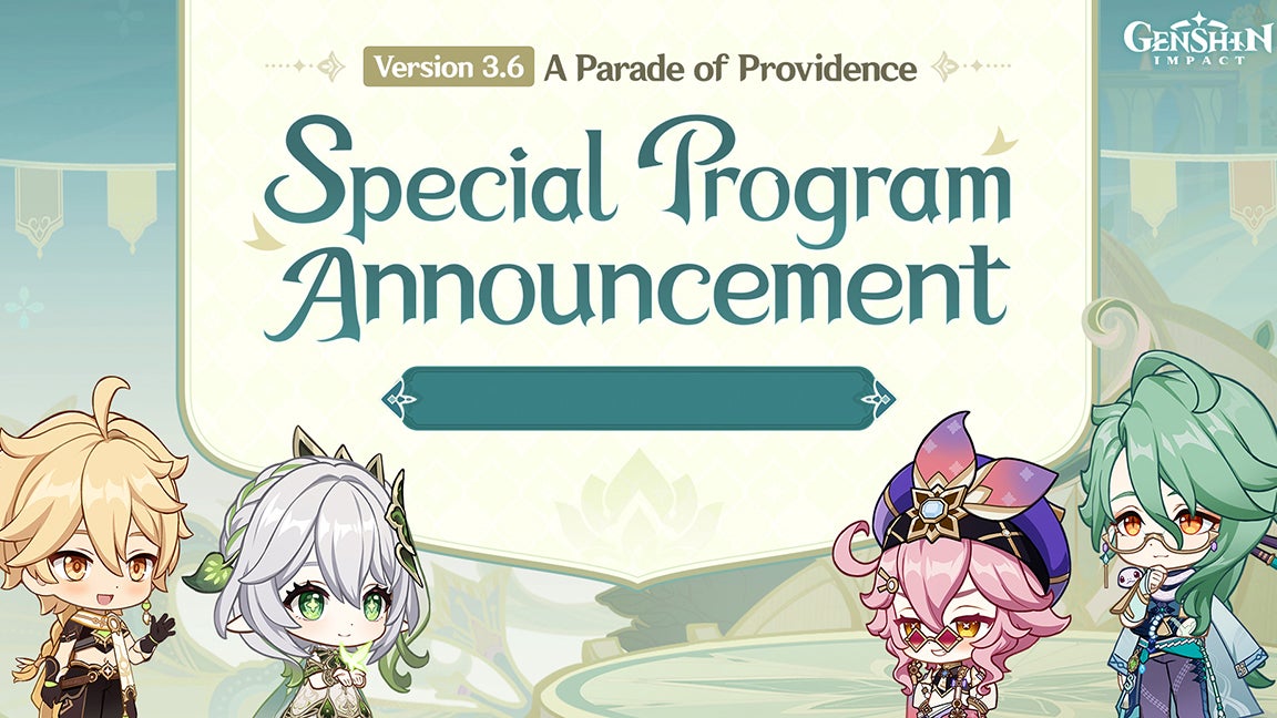 Artwork promoting the Genshin Impact 3.6 live stream which shows cute chibi anime characters.
