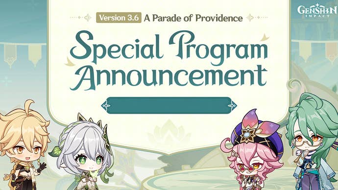 Artwork promoting the Genshin Impact 3.6 live stream which shows cute chibi anime characters.