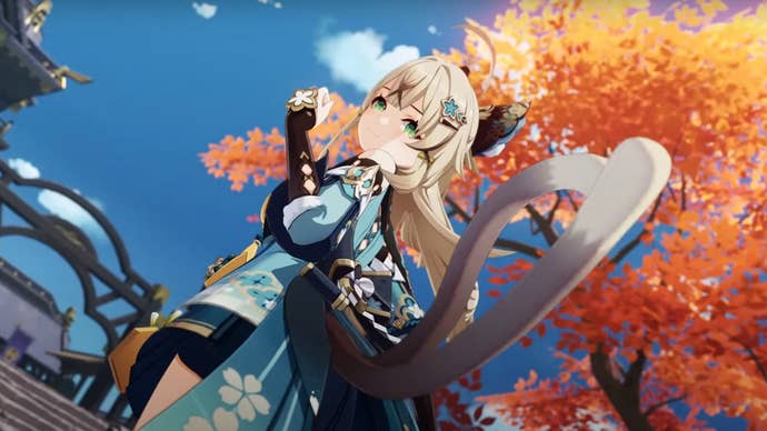 Genshin Impact character Kirara standing by a tree with leaves that have turned golden red and orange.