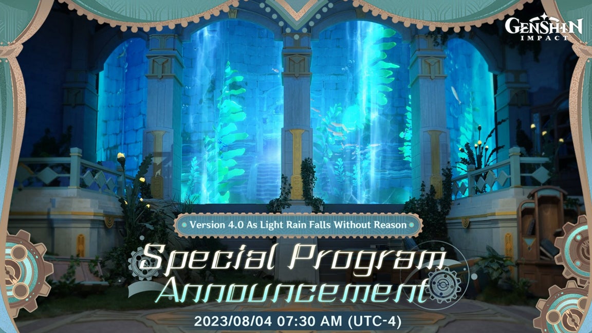 Artwork promoting the Genshin Impact 4.0 livestream showing the release date and start time for the broadcast. - 3