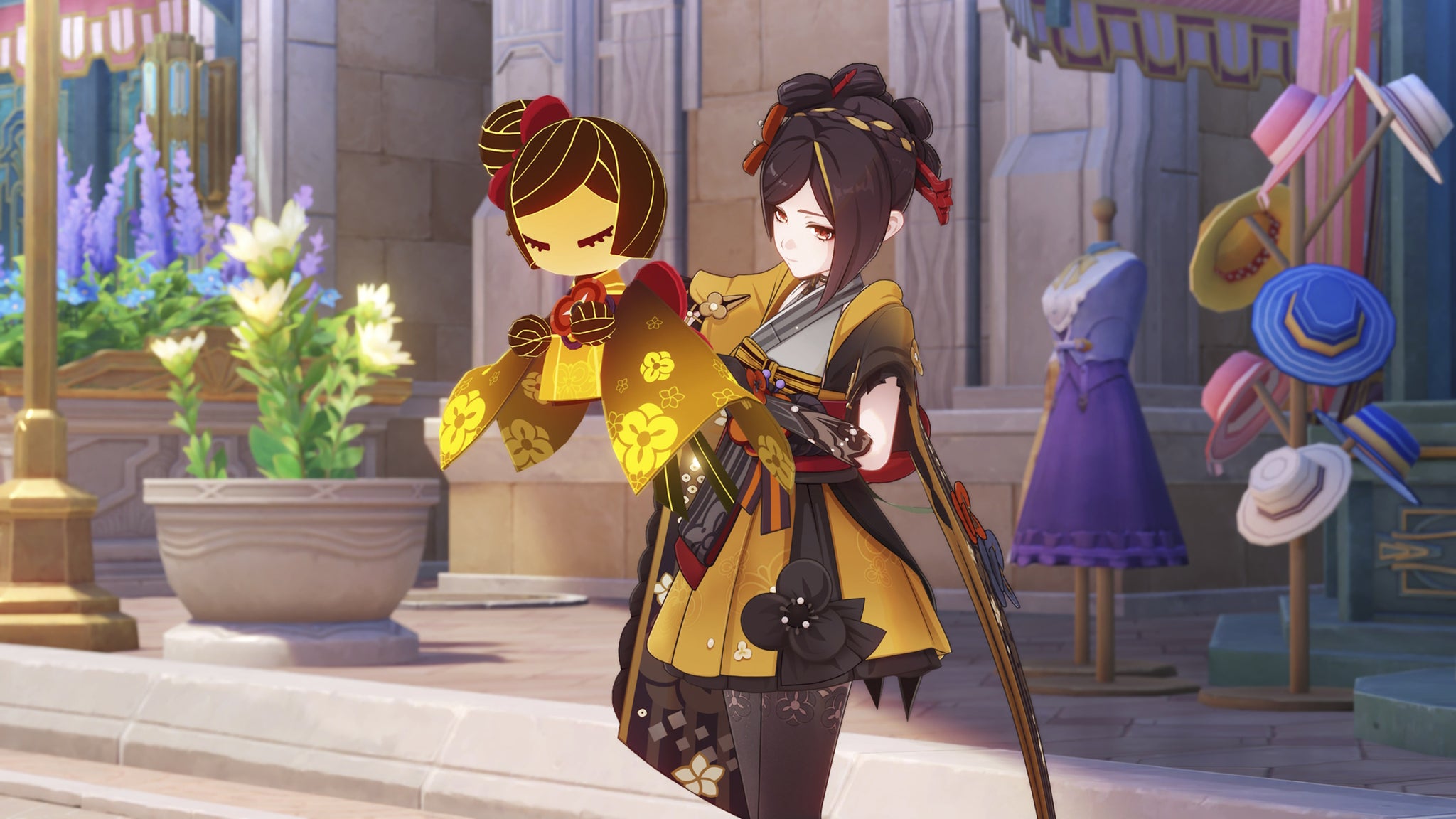 Genshin Impact 4.5 banners: Genshin Impact's Chiori, standing outside a street vendor with a dressmaker's dummy in one hand - 4