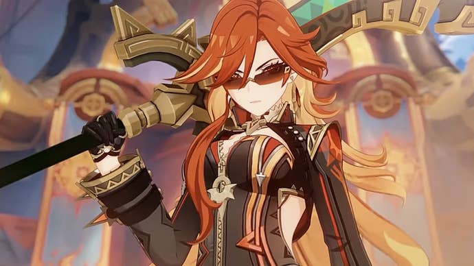 Genshin Impact’s Pyro Archon, hoisting her weapon on her shoulder and wearing her sunglasses