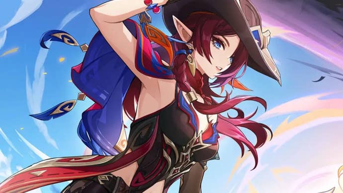 Genshin Impact’s Chasca, holding her cowgirl hat on with one hand as the wind ruffles the ribbons on her clothes