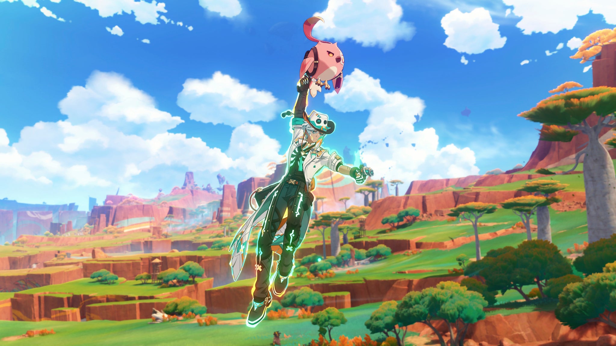 Ifa in Genshin Impact, holding onto a small bird as it carries him through the air - 4