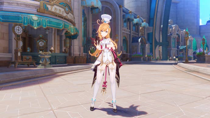 Escoffier from Genshin Impact, standing in front of a sweets shop in Fontaine