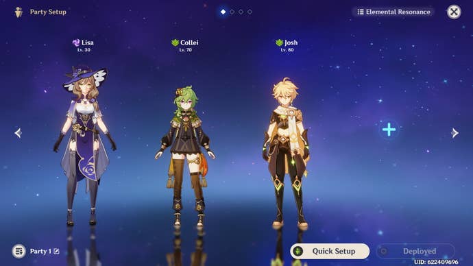 Genshin Impact Albedo teams: A menu screen showing Lisa, Collei, and the Dendro Traveler