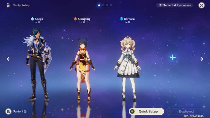 Genshin Impact Albedo teams: A menu screen shows Kaeya, Xiangling, and Barbara