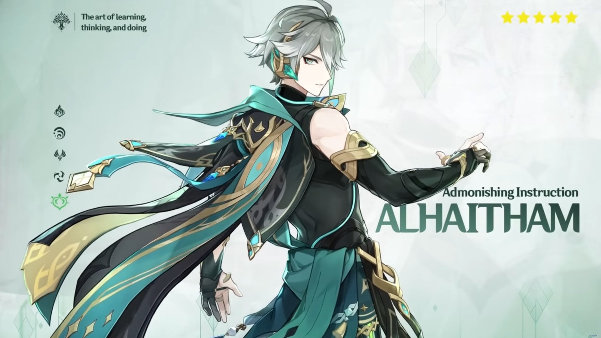 Genshin Impact Alhaitham build: An anime man with short silver hair, wearing a black tunic with a green cape, stands with one arm extended and his fist clenched in a dramatic pose. - 4