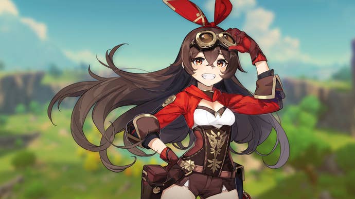 Promotional art of the character Amber from Genshin Impact.