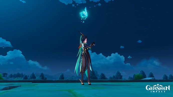 A Genshin Impact character standing by the location of an Anemoculus, which is floating above their head.