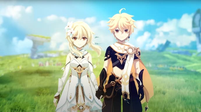 The twins, one of whom you choose to become the protagonist of Genshin Impact, stand together on a grass hill in the trailer for the Genshin Impact anime.