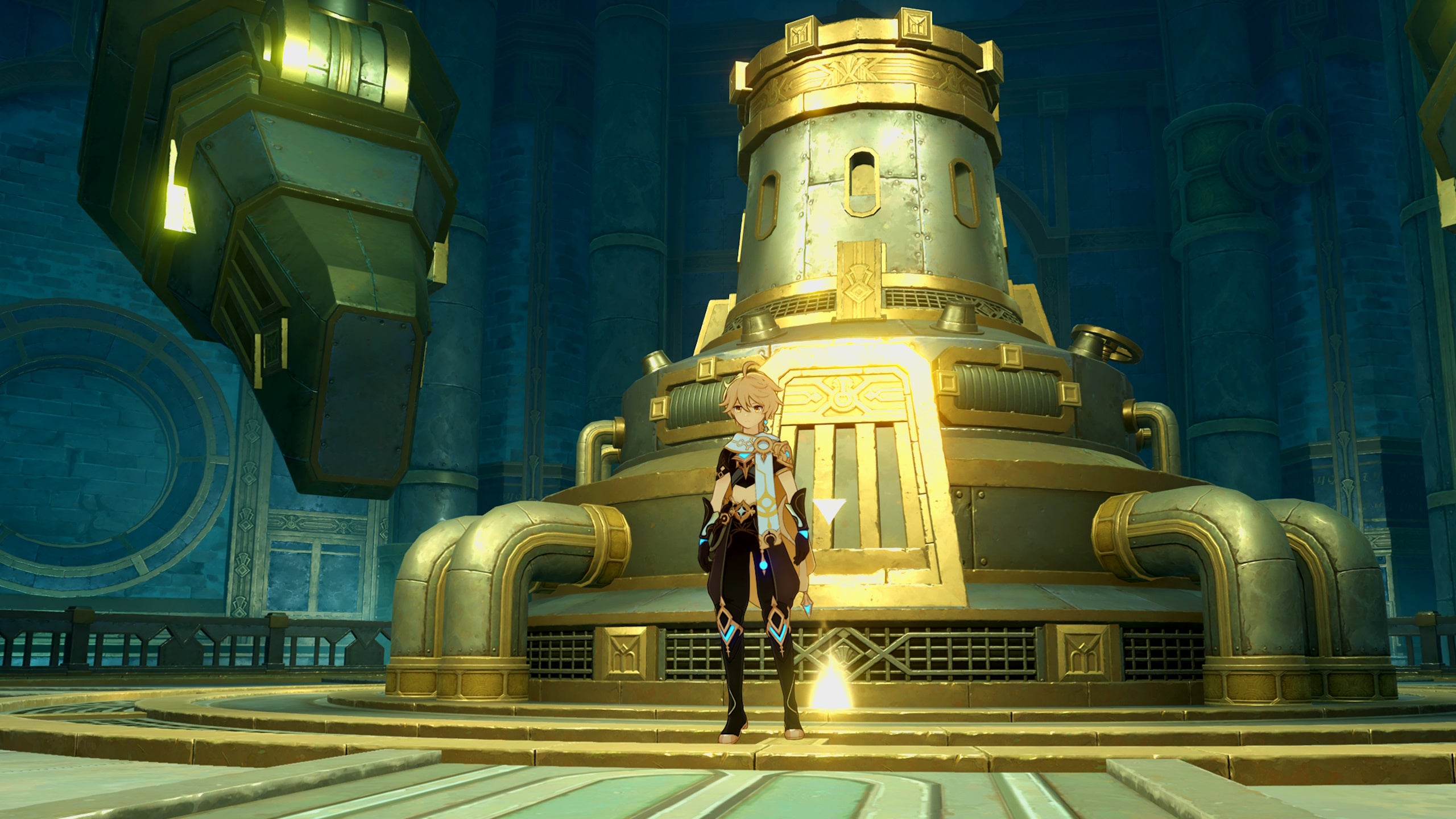 Genshin Impact Arkhium Stock: An anime man with long blonde hair is standing in front of a shiny metal forge where you place Arkhium Stock to transform it into Arkhium Lumenite