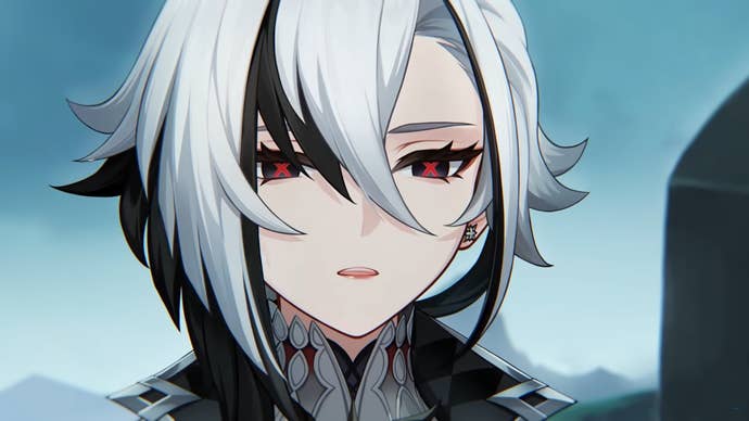 Genshin Impact’s Arlecchino, weeping in front of a tombstone