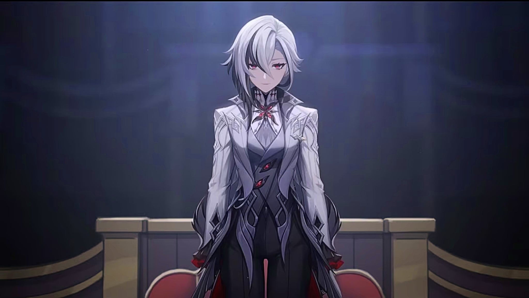 Genshin Impact's Arleccino, standing alone on a stage under a solitary spotlight - 3