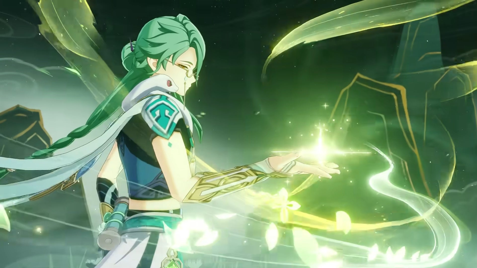Genshin Impact Baizhu build: An anime man with long green hair pulled back in a braid, and a large white snake around his shoulders, is holding a ball of glowing green energy in his right hand - 6