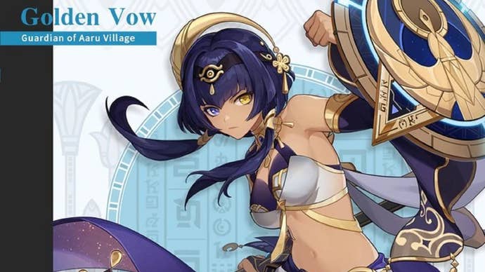 Candace’s character intro card from Genshin Impact, displaying her titles Golden Vow: Guardian of Aaru Village.